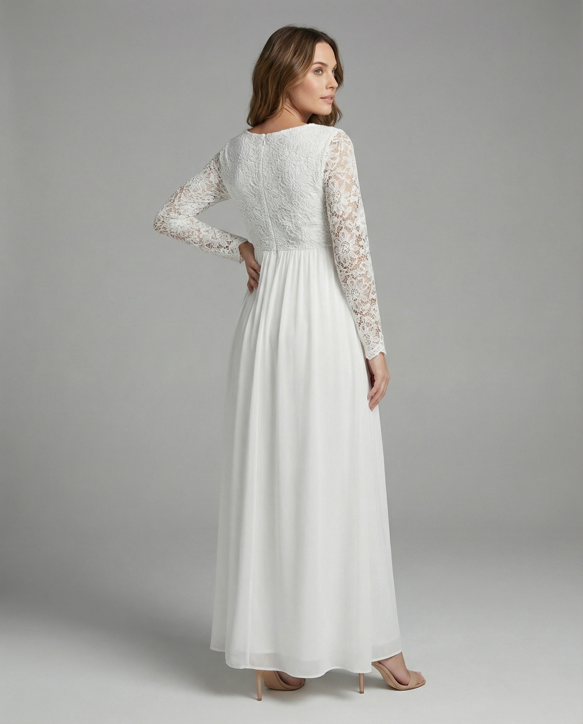 Umstandskleid, Ausschnitte, Spitze, Chiffon, Rundhalsausschnitt, lange Ärmel, für Damen, elegant, für den Abend, den Abschlussball, schwanger